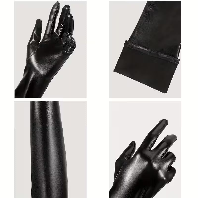 Spandex Wet Latex Look Long Gloves and Thigh High Stockings