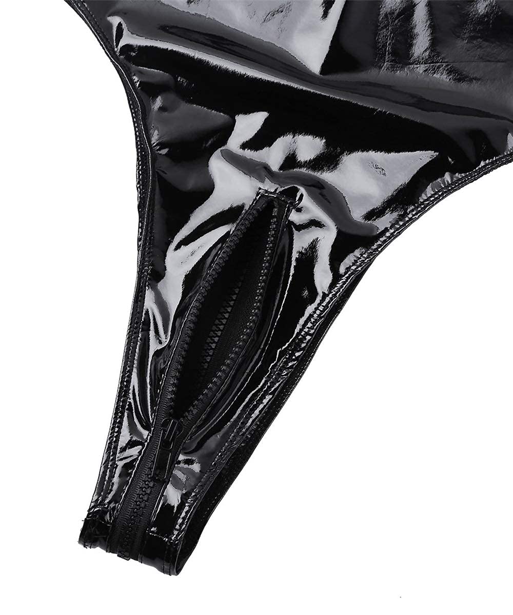 Wet Latex Look Leather halter Neck Fishnet Zipper Crotch Lingerie